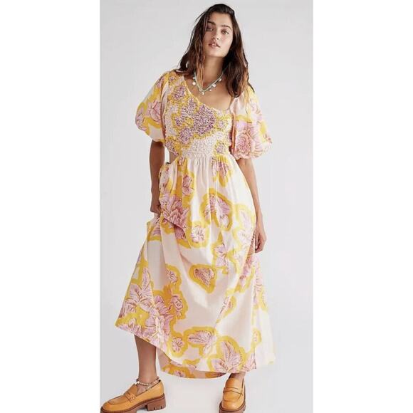 Free People S Kalina Printed Smocked Romantic Cutouts Puff Sleeve Maxi Dress